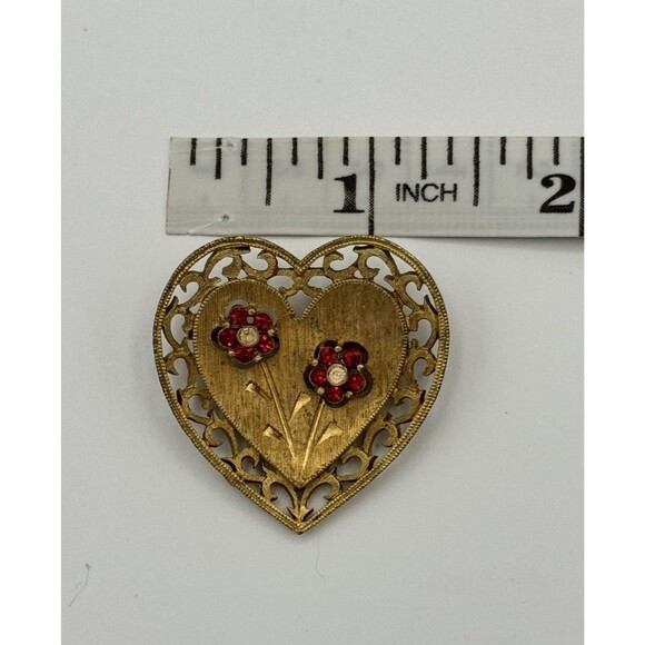 Vintage JJ Jonette Jewelry Heart Brooch Gold Tone Red Flower Filigree Pin Signed - Picture 1 of 2